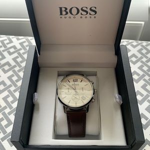 Mens boss watch with brown leather strap